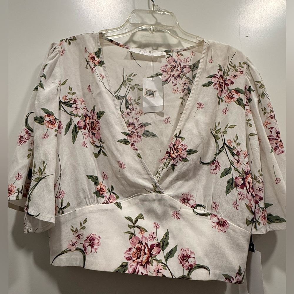 ASTR Cream Floral Wrap Blouse with Pink Cherry Blossoms